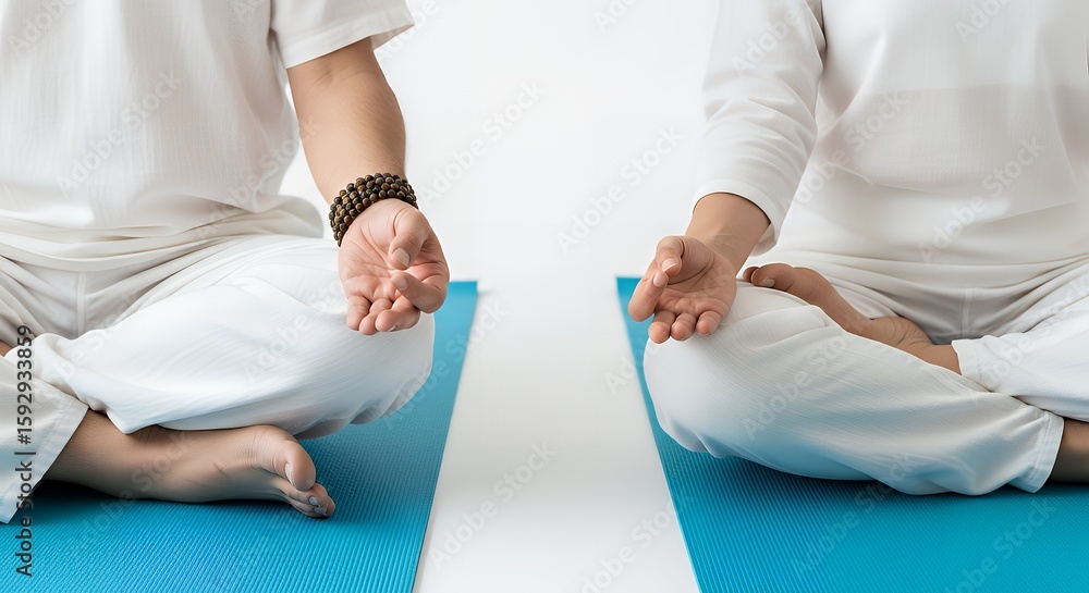 Fototapeta premium Two People Meditating Cross-Legged on Blue Yoga Mats in White Clothing — Peaceful Wellness Illustration Celebrating Mindfulness, Inner Calm, and Holistic Health Practice