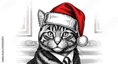 Cat wearing a Santa hat and suit in festive holiday setting  