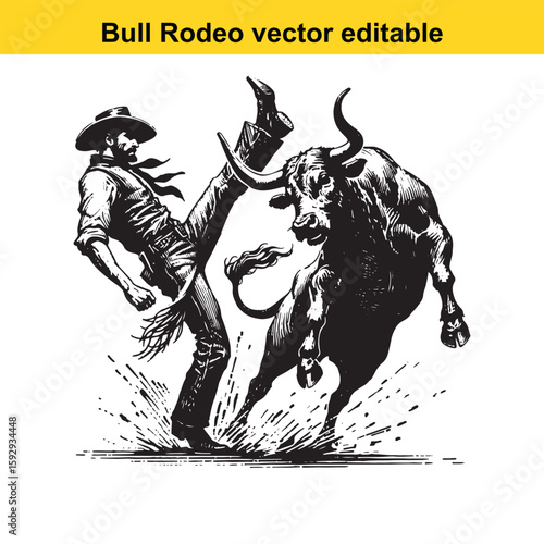 Cowboy kicks bull in a dynamic rodeo action scene