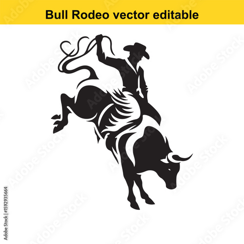 Cowboy riding bucking bull with lasso, rodeo action, isolated