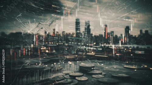 Cracks appearing on a glass surface revealing digital currency charts, coins, and a cityscape. Financial market instability and economic crisis concept footage.
