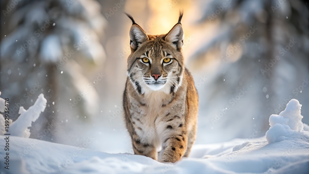 Obraz premium A majestic lynx walks through a snowy forest during winter