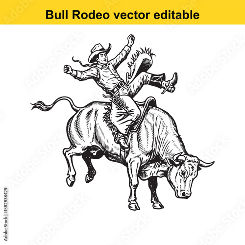Cowboy riding a bull in a rodeo