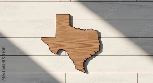 Wooden Texas State Silhouette on Modern White Shiplap Wall with Natural Shadows.
