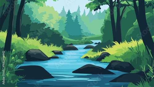 Serene River Flowing Through Lush Green Forest - Nature Landscape Scene