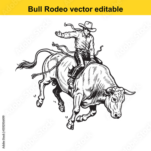 Cowboy rides a bucking bull in a rodeo