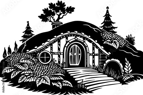 Hobbit house nestled on hill surrounded by trees and bushes  