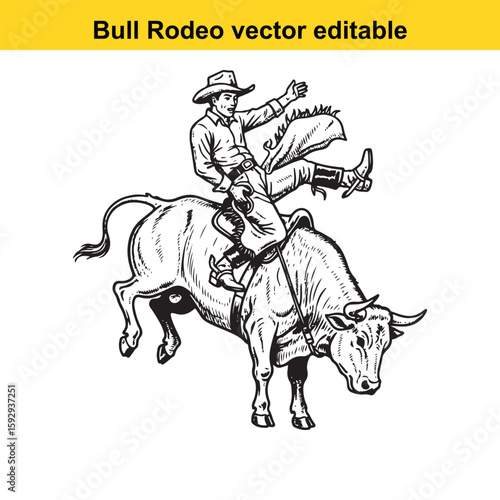 Cowboy skillfully rides a bucking bull at rodeo