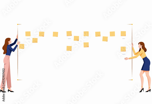 Two women collaborating with sticky notes on a brainstorming board  