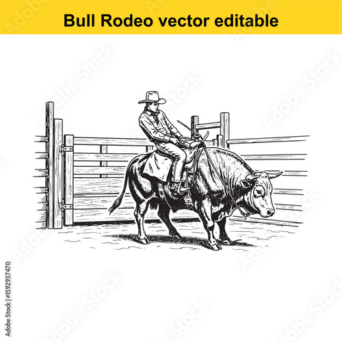 Cowboy riding a bucking bull in a rodeo arena