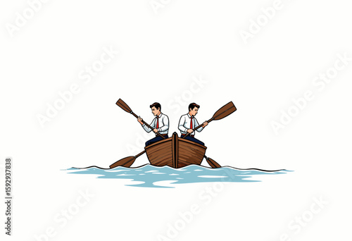 Two men rowing together in a boat on water  