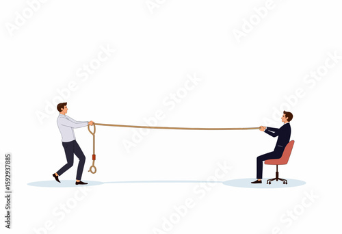Two businessmen pulling a rope in a tug of war in an office  