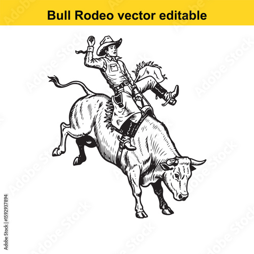Cowboy riding a bucking bull in a rodeo