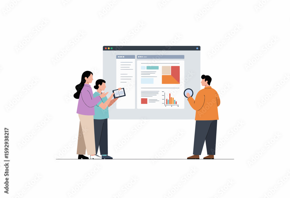 Fototapeta premium Three business people discussing data analysis on digital screen 