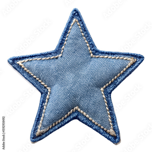 A blue denim star patch with cream stitching isolated on transparent background