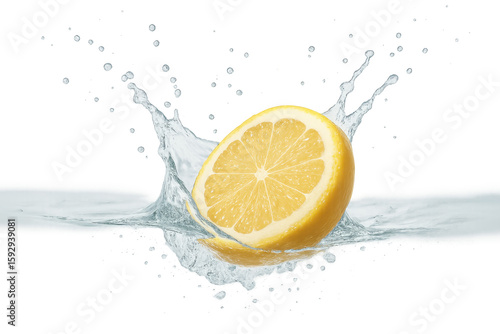 Half lemon splashing into water on transparent background