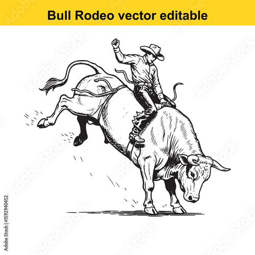 Cowboy rides a bucking bull in a rodeo arena