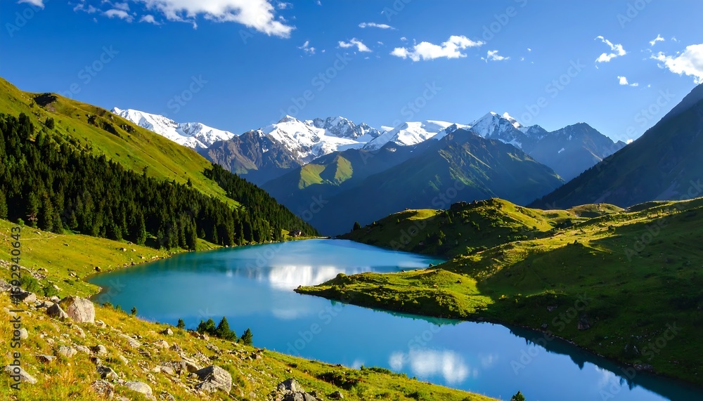Fototapeta premium Alpine lake nestled in valley