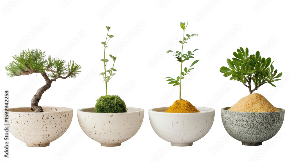 Four different potted plants and bonsai trees arranged in a row isolated on transparent background Four different potted plants and bonsai trees arranged in a row isolated on transparent background