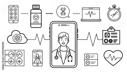 A modern set of 25 line icons representing digital healthcare and telemedicine. Icons include mobile health apps, video calls with doctors, heart rate sensors, electronic prescriptions, wearable healt