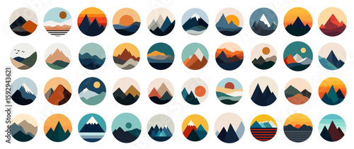 Mountain logo set. Flat geometric nature landscape icons. Travel  adventure badge designs. Vector round mountain peak emblems
