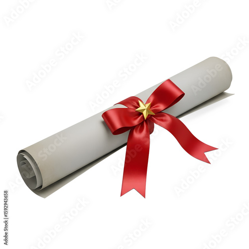 Pale Gray Diploma Scroll Tied with Vibrant Red Ribbon and Gold Star isolated on a transparent background cut out, clipping path, social media, Advertisement, high quality, HD photo, close up,  web.