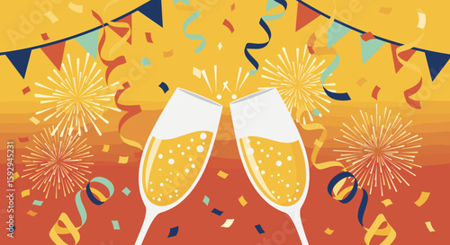 Champagne glasses clinking with colorful confetti and fireworks  