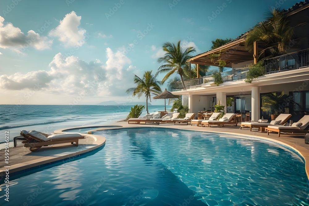 Fototapeta premium swimming pool with palm trees, Luxury swimming pool in a tropical resort, relaxing holidays in bali. sunset by swim pool, Food photography, top-down flat lay