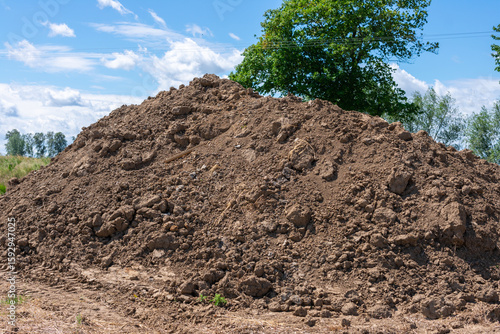 Pile of dirt is piled up in a field. The dirt is brown and has a lot of rocks in it. The pile is very high and looks like it could be used for building.