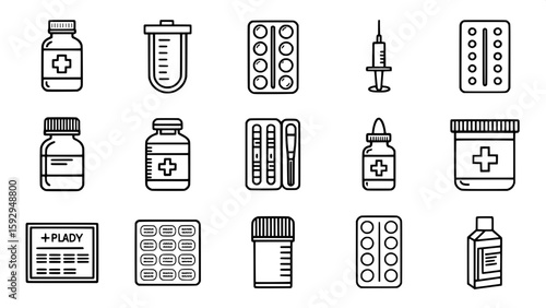 A consistent grid of line icons showing various pharmaceutical and medication-related objects. The set includes pill bottles, blister packs, liquid medicine, droppers, dosing spoons, prescription pads