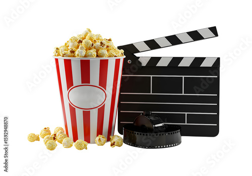 Striped popcorn bucket, film reel, and clapperboard:  A vibrant, cinematic still life, perfect for movie night promotions.