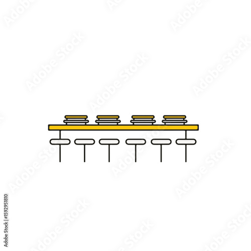 A neatly arranged table with stools, serving prepared pancakes ready for dining. 