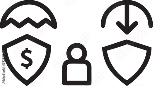 Shield protection person money down arrow dollar sign