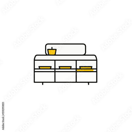 A simplified illustration of a sideboard with a yellow bowl on top.