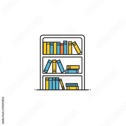 A colorful illustration of a bookshelf filled with books.