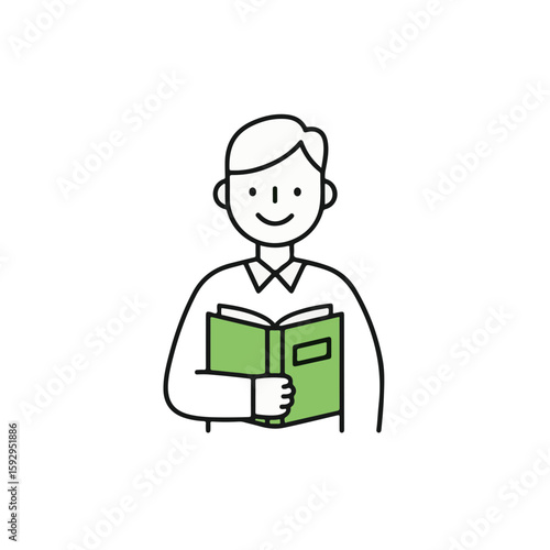A cheerful person happily reads a vibrant green book, enjoying his leisure time.