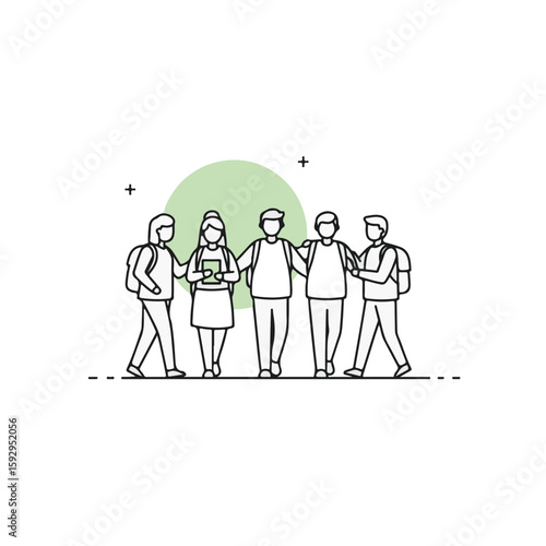 A drawing of a group of five people standing together, showcasing teamwork and collaboration.