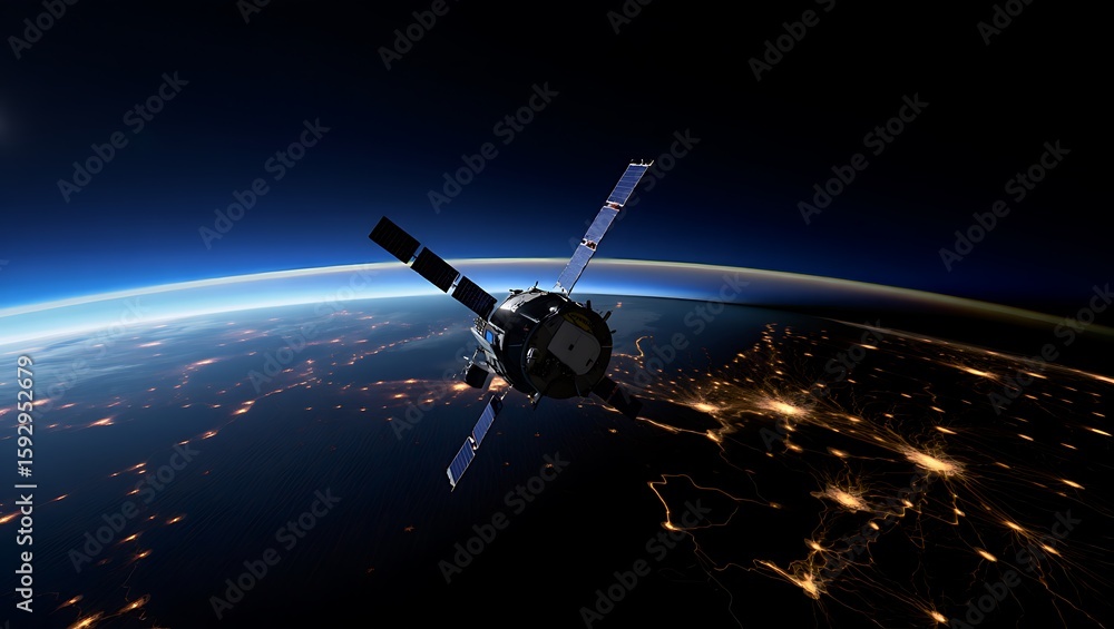Obraz premium Satellite orbiting Earth and observing the planet's illuminated cities at night from space
