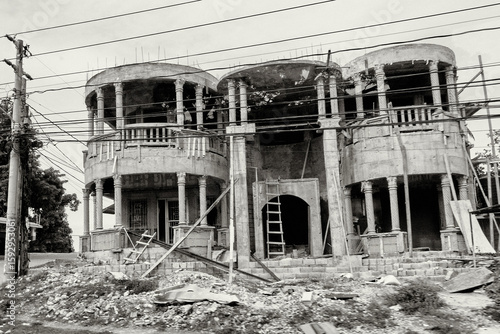 Abandoned and Crumbling Building with Makeshift Ladders