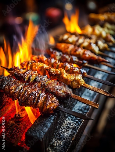 the image shows a row of wooden skewers filled with grilled meat cooking over an open fire