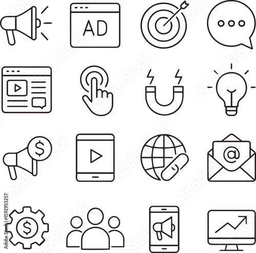 Digital marketing line icon set. Marketing, advertisement, communication, content, seo, product, blog, promotion and more. Outline vector icon in linear style. Series of pictograms