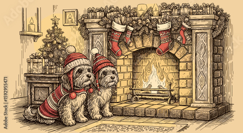 Two dogs in Christmas hats sitting by fireplace with stockings  