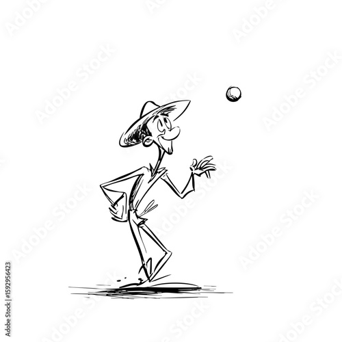 Black & White Cartoon Tennis Player Drawing – Lucky Luke Meets Calimero Style – Clean Line Art for T-Shirt Print