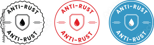Anti-rust protection badge icons – set of vector shield logos with droplet symbol, suitable for waterproof coating, durable metal products, tools, and packaging use.