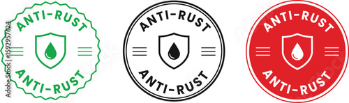 Anti-rust protection badge icons – set of vector shield logos with droplet symbol, suitable for waterproof coating, durable metal products, tools, and packaging use.
