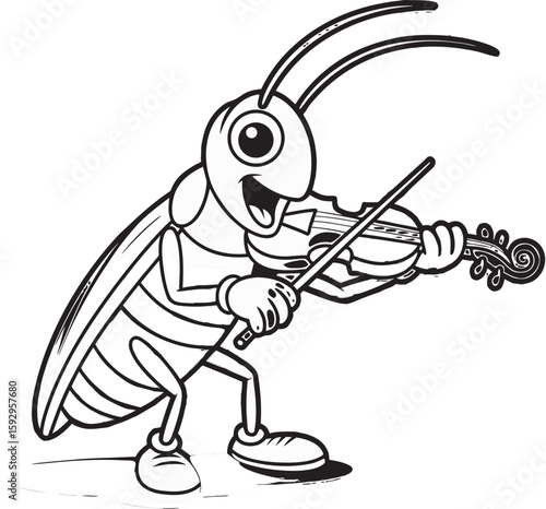 Cartoon grasshopper playing violin with white outline on black background insect music