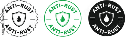 Anti-rust protection badge icons – set of vector shield logos with droplet symbol, suitable for waterproof coating, durable metal products, tools, and packaging use.