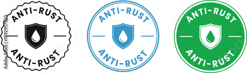 Anti-rust protection badge icons – set of vector shield logos with droplet symbol, suitable for waterproof coating, durable metal products, tools, and packaging use.