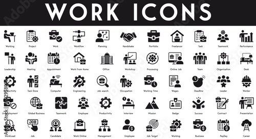 Work Icons set vector illustration with collection of project, workflow, planning, handshake, portfolio, freelancer, task, teamwork, performance, leadership, meeting, appointment, office, processing. 