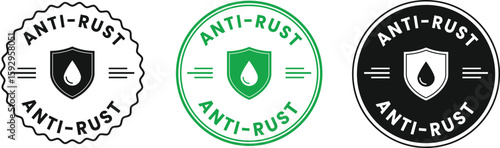 Anti-rust protection badge icons – set of vector shield logos with droplet symbol, suitable for waterproof coating, durable metal products, tools, and packaging use.